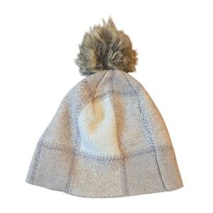 Christian Siriano Women's Winter Beanie Hat Beige‎ Cream Plaid Faux Fur Pom Pom